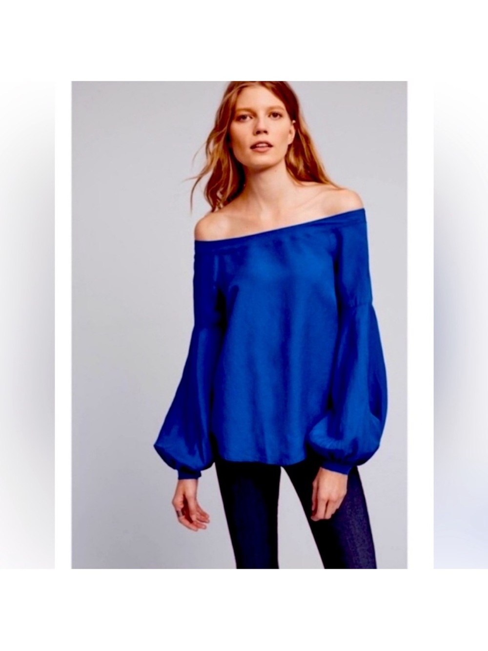 Anthropologie Floreat Mazza Linen Blend Sapphire Off the Shoulder Blouse 2